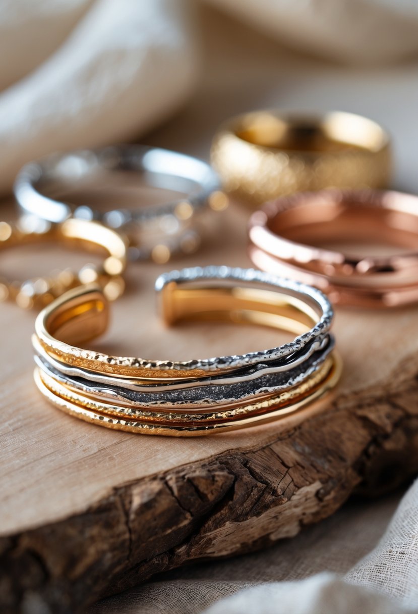 Close-up of handmade cuff bracelets made from repurposed wedding rings displayed on a wooden surface.