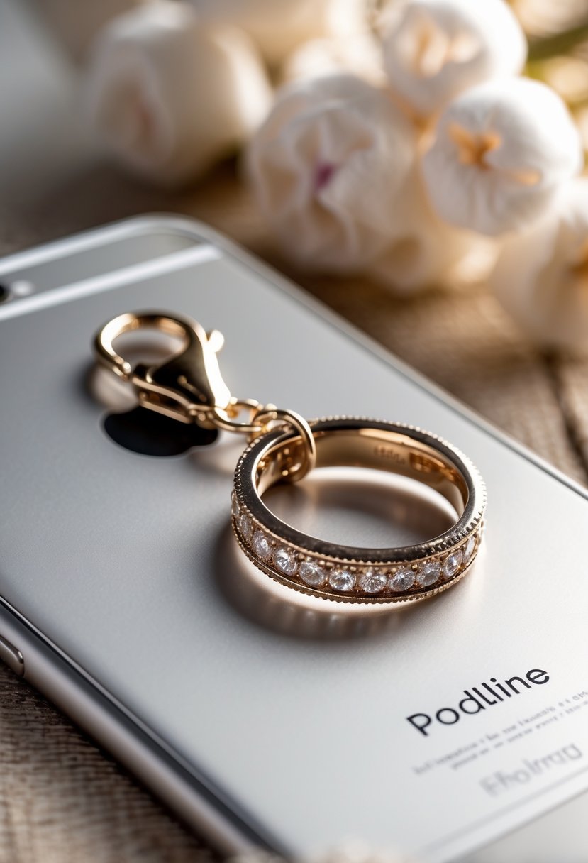 A close-up of a smartphone with a stylish phone charm made from an old wedding ring hanging from it.