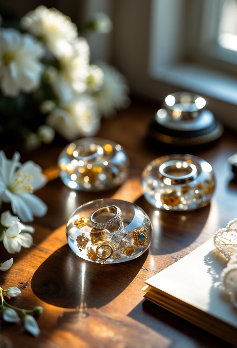 Close-up of clear resin paperweights containing fragments of old wedding rings displayed on a wooden desk with soft natural light and delicate flowers nearby.