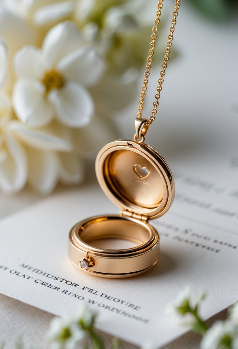 A close-up of a locket pendant made from an old wedding ring hanging on a gold chain with soft flowers and a blurred background.