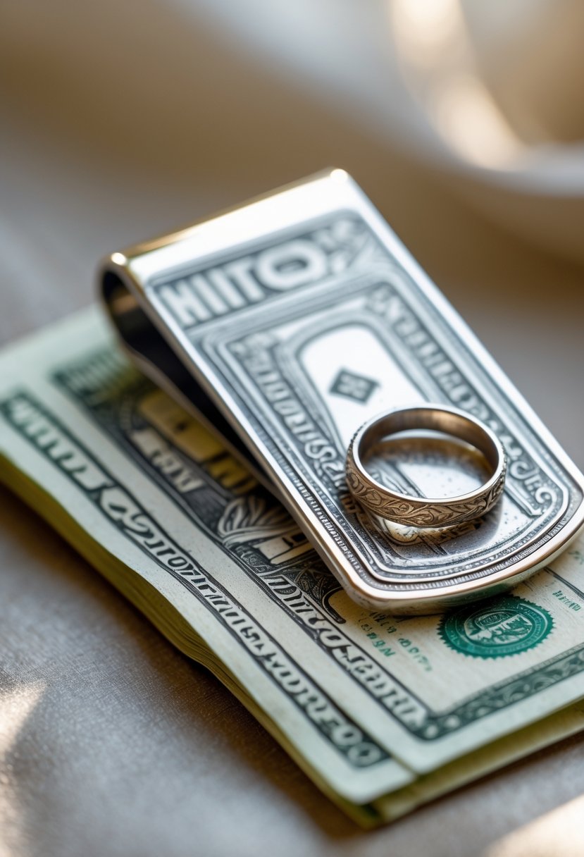 Close-up of a metal money clip engraved with designs from old wedding rings holding banknotes.