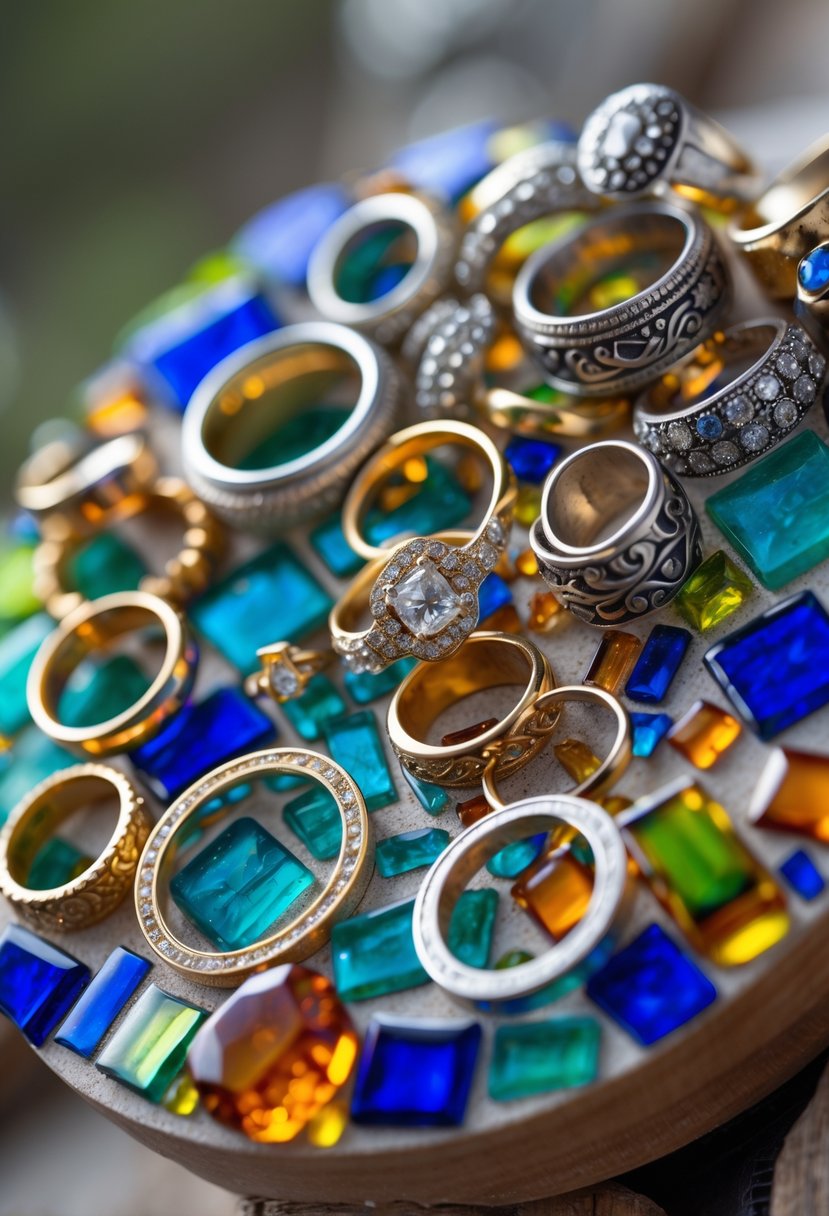 Close-up of a colorful mosaic artwork made from old wedding rings arranged on a wooden base.