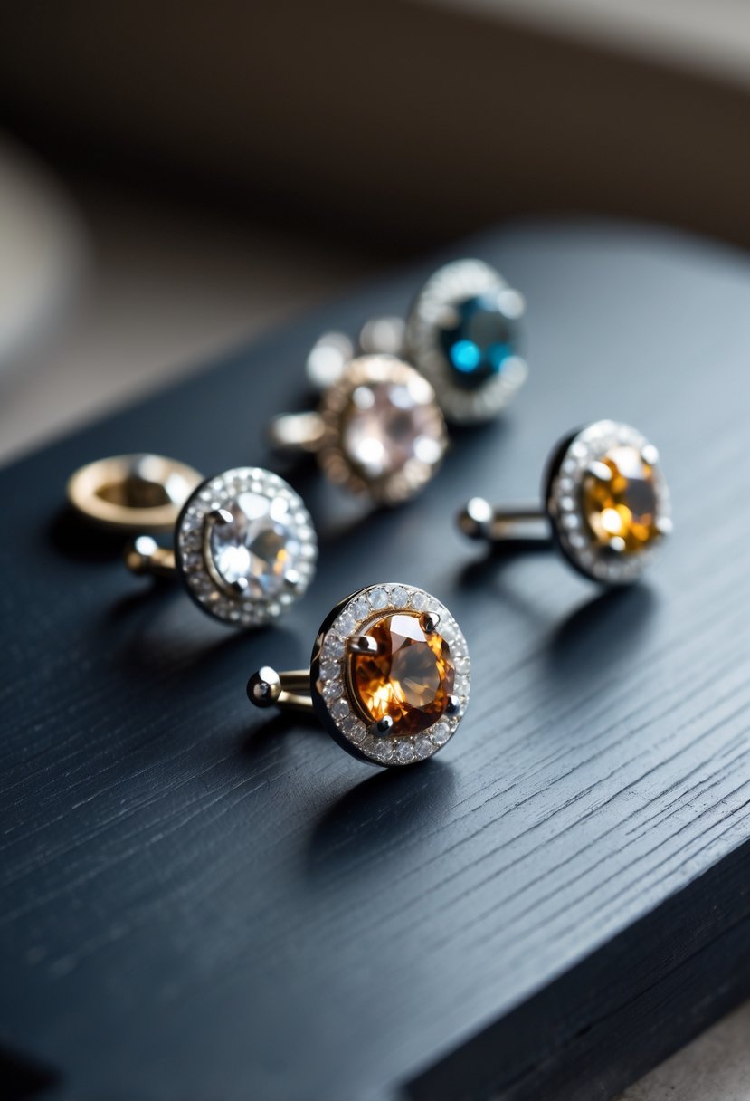 Close-up of custom tie tacks made from repurposed wedding rings and gemstones displayed on a dark wooden surface.