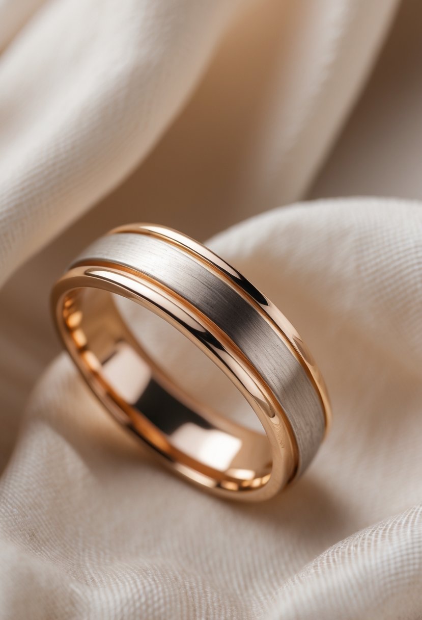 Close-up of a polished friendship ring made from an old wedding band resting on soft fabric.