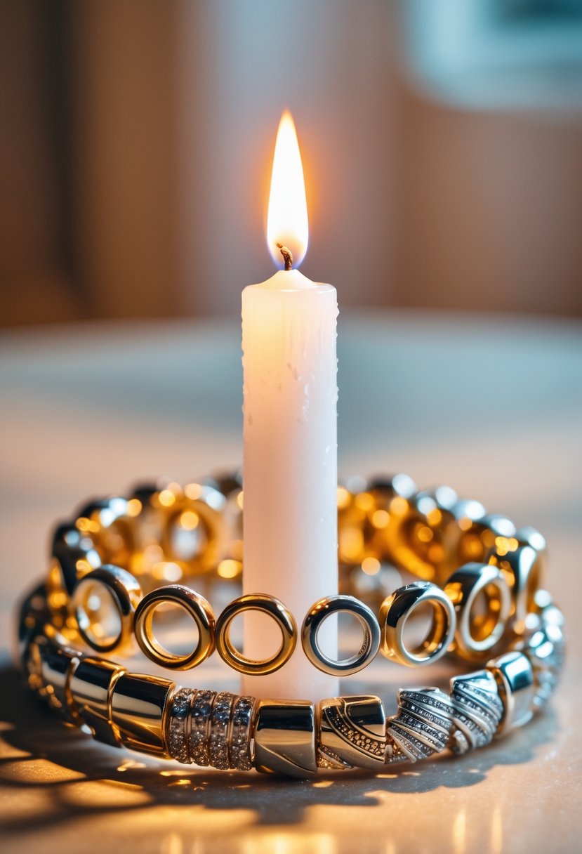 A candle holder made from interlocked wedding rings holding a lit white taper candle on a blurred neutral background.