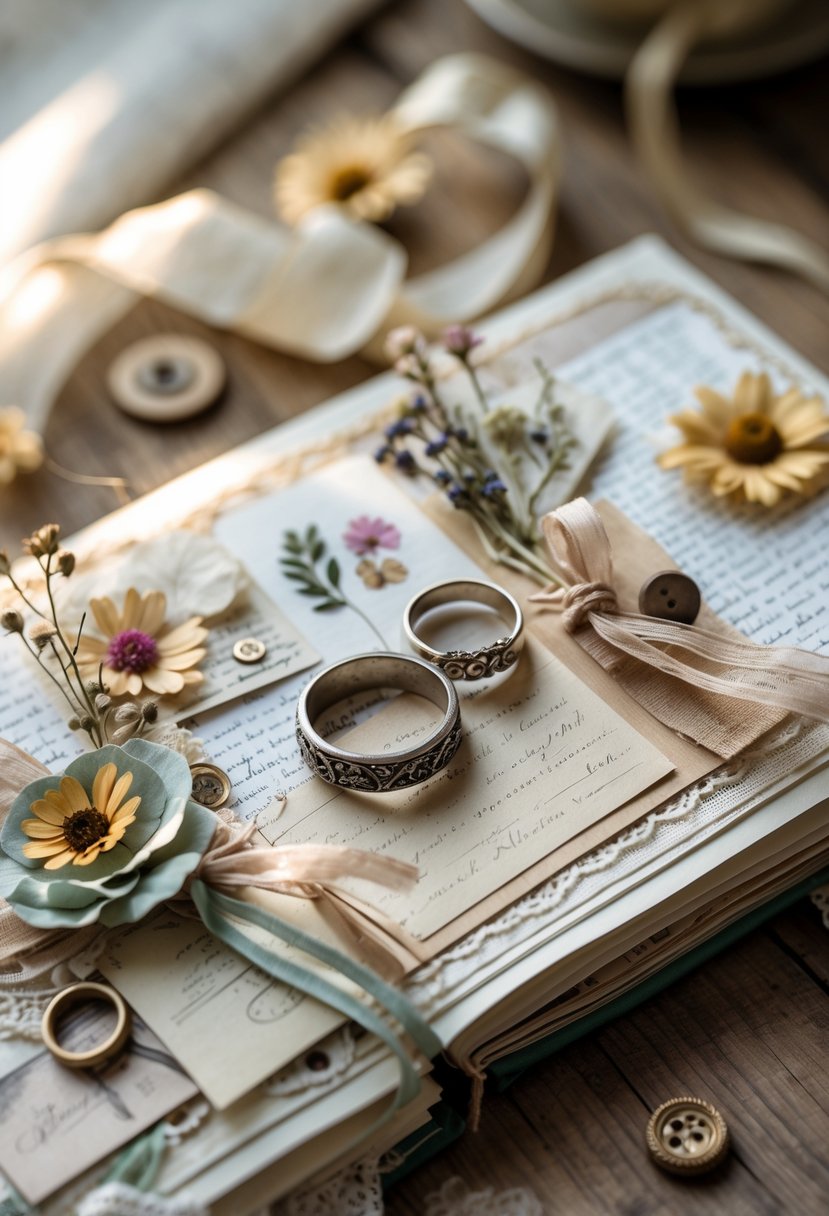 A handmade scrapbook centerpiece with old wedding rings arranged among vintage paper, lace, and dried flowers on a wooden table.