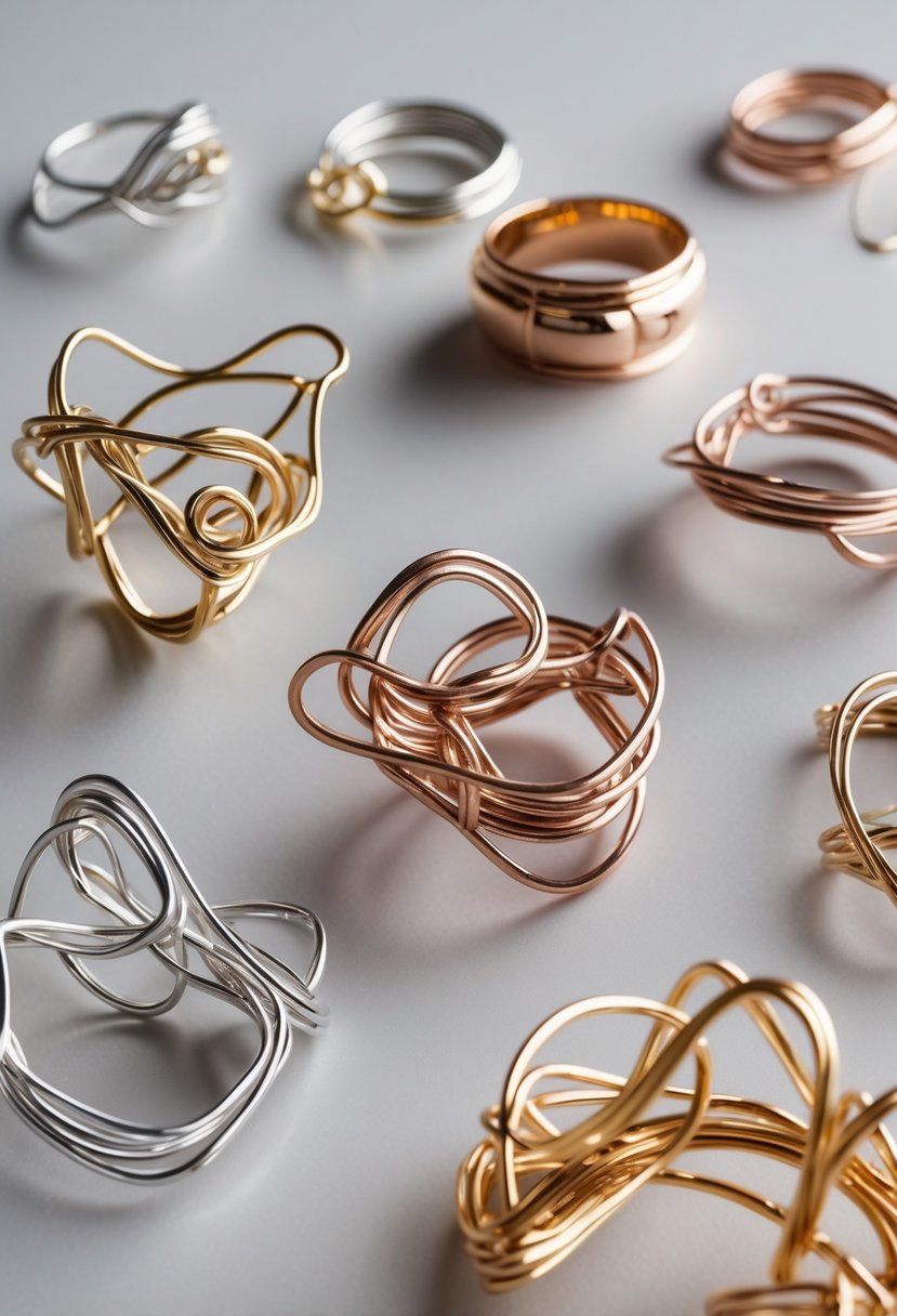 Close-up of artistic wire sculptures made from repurposed wedding bands displayed on a neutral surface.