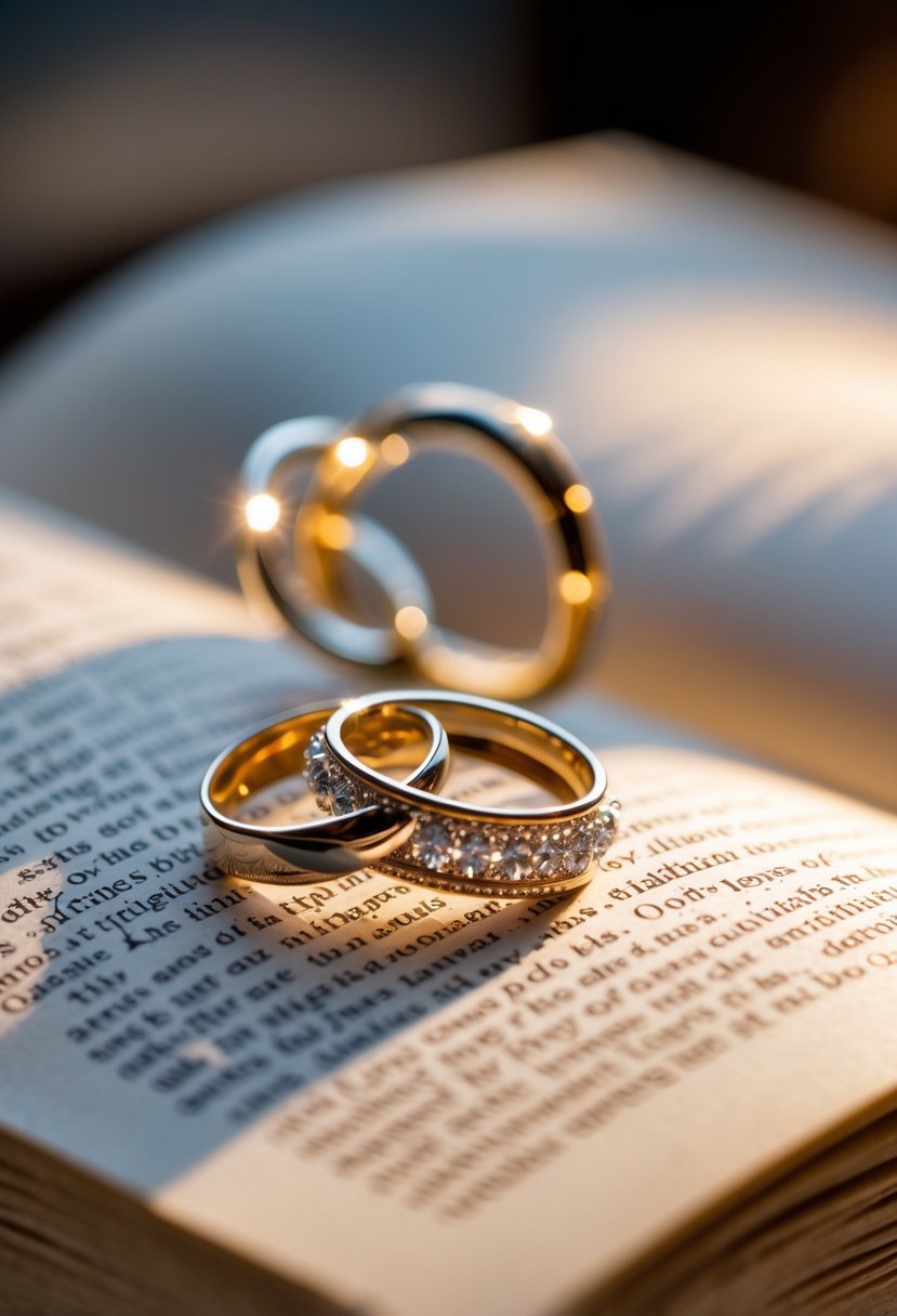 A close-up of a bookmark made from intertwined wedding rings resting on an open book.