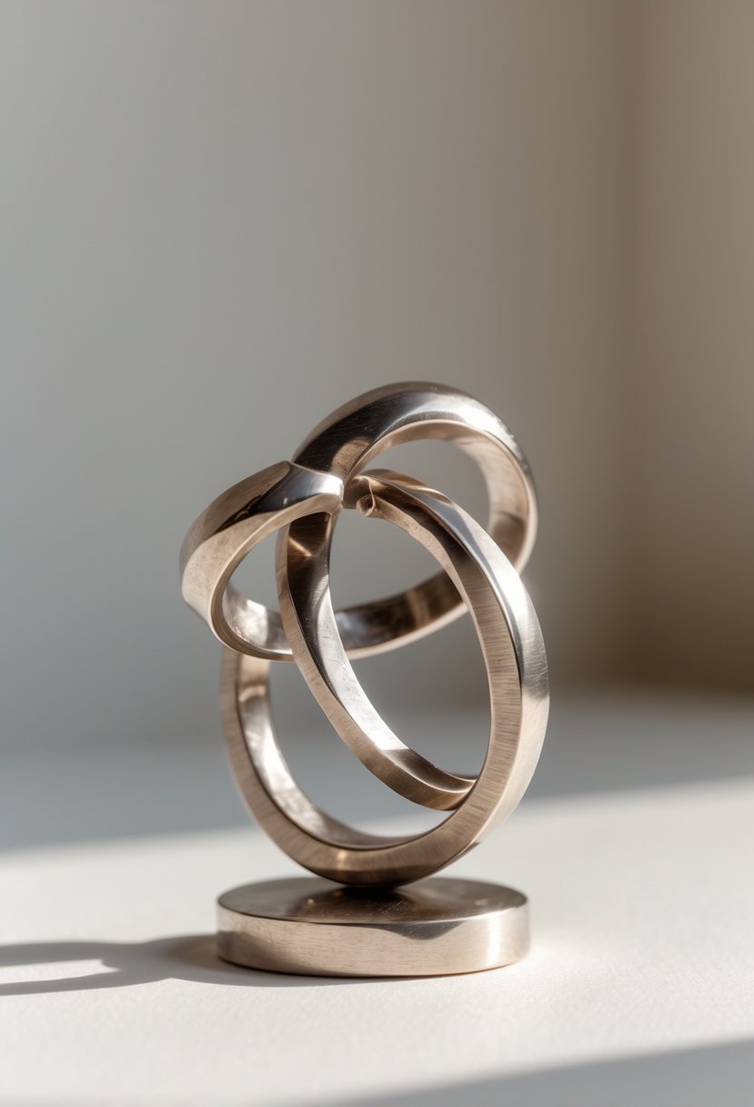 A small metal sculpture made from old wedding rings displayed on a neutral background.