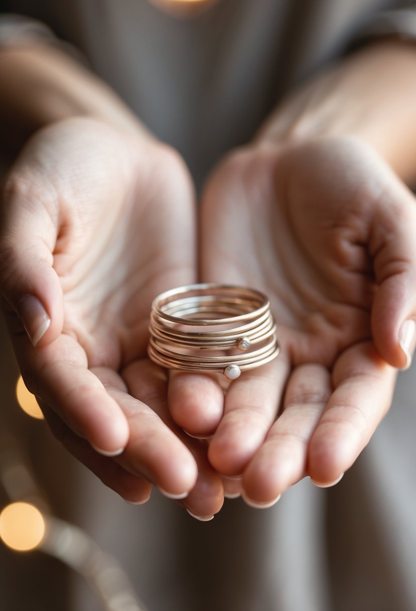 Hands holding simple stacking rings made from old wedding bands against a softly blurred background.
