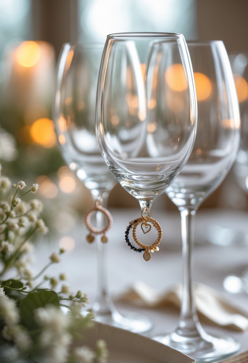 Close-up of wine glasses with old wedding rings turned into decorative charms hanging from the stems on a festive table.