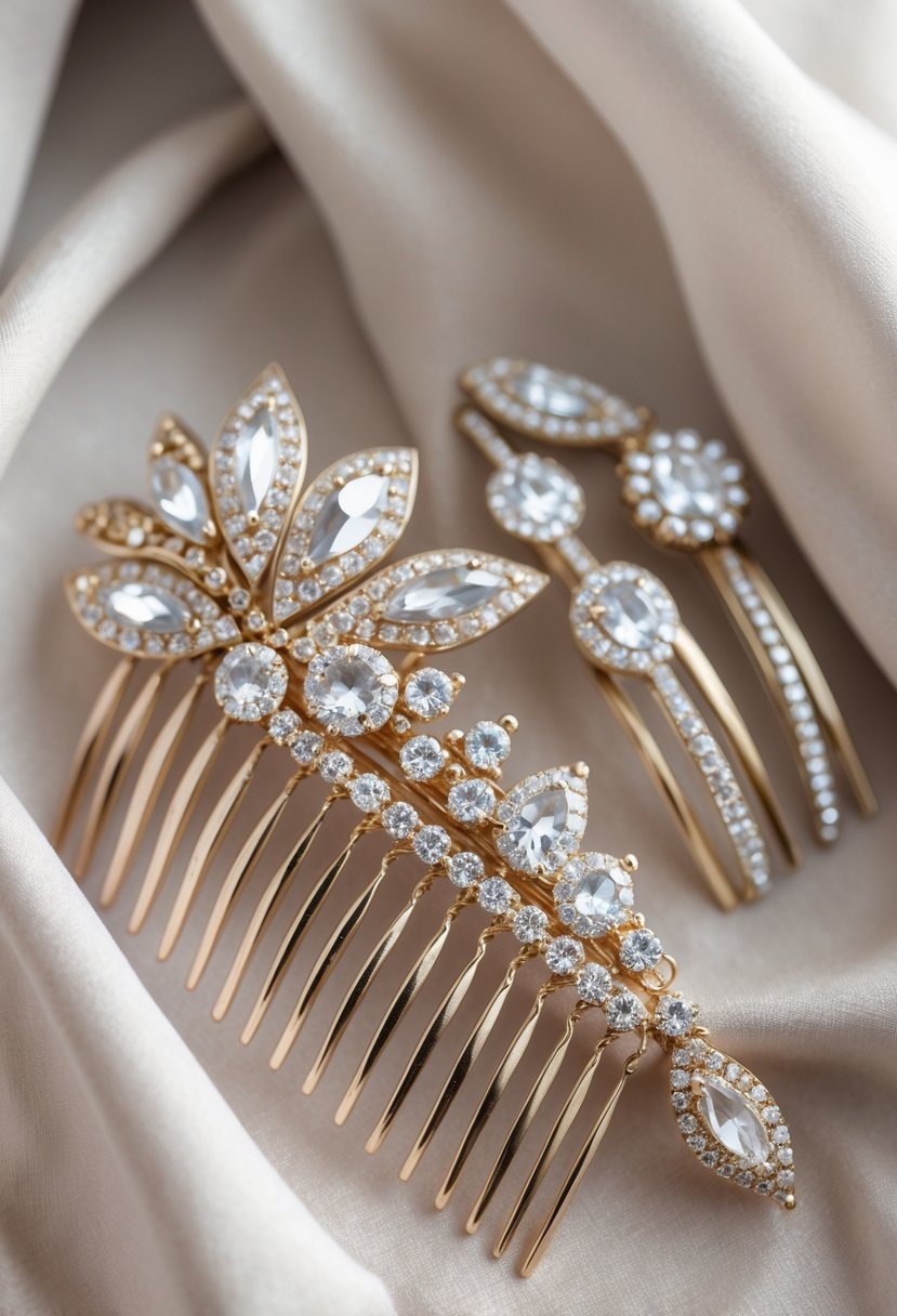 Close-up of elegant hair combs made from repurposed stone rings displayed on a soft fabric background.