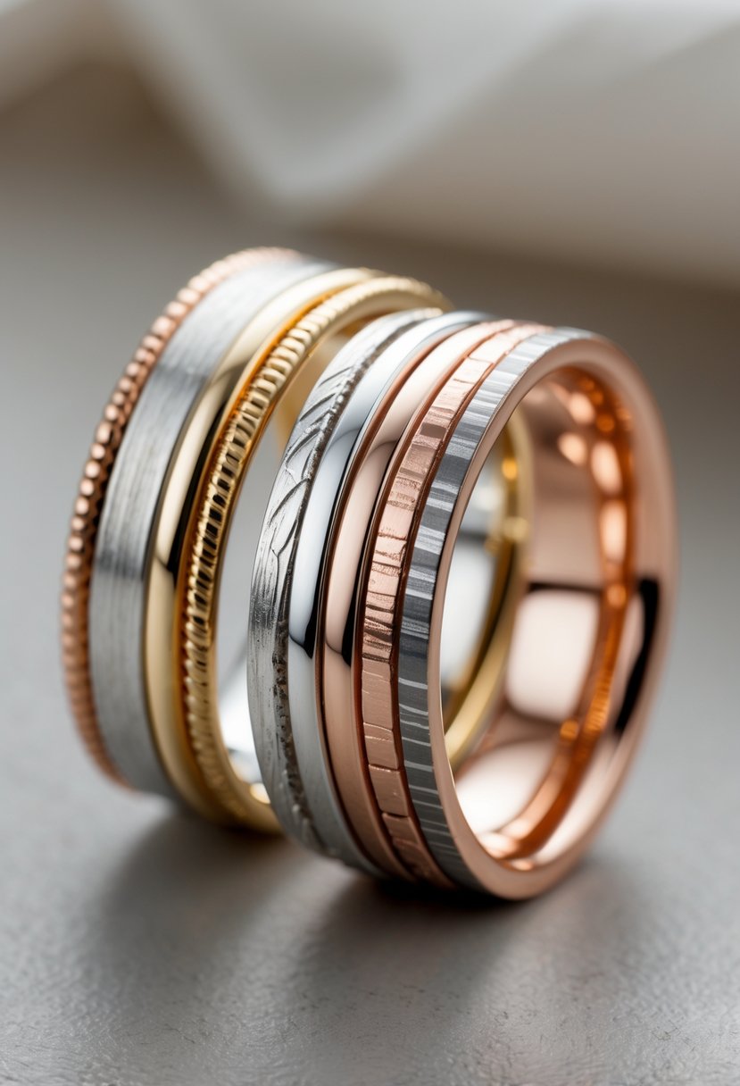 Close-up of two new rings made by blending metals from old wedding bands placed on a smooth surface.