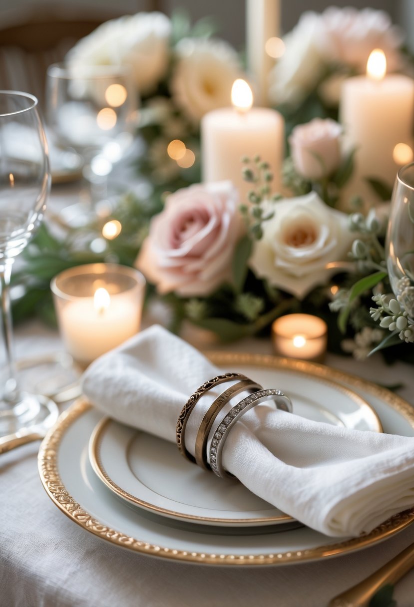 A vow renewal dinner table with white napkins wrapped in old wedding ring bands as napkin rings, surrounded by flowers and candles.