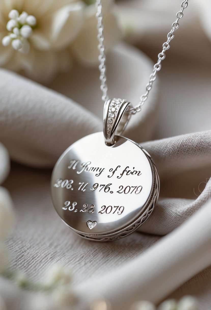 Close-up of a personalized pendant made from an old wedding ring with engraved special dates, hanging on a silver chain over a soft fabric background.