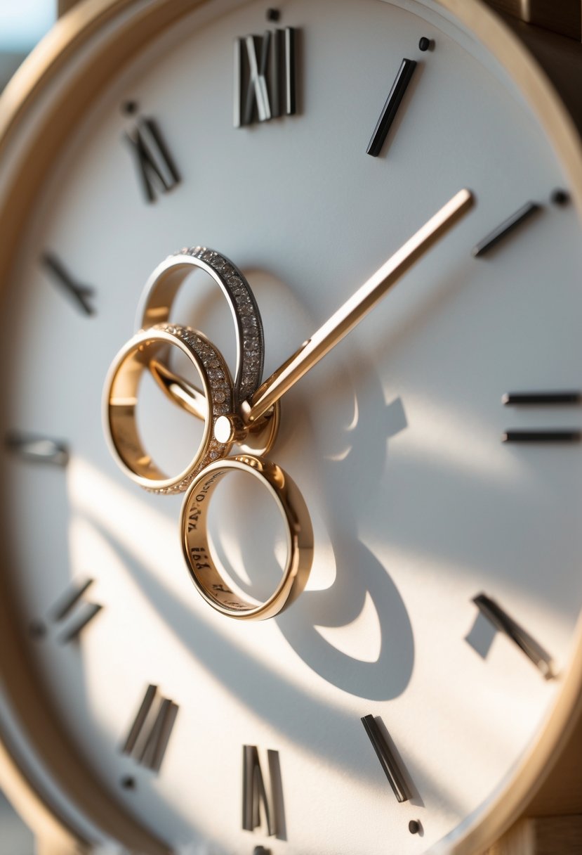 Close-up of a custom clock with hour and minute hands made from interlocking wedding rings on a minimalist clock face.