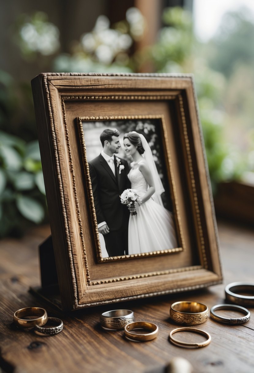 Close-up of a photo frame with a vintage wedding photo surrounded by old wedding rings on a wooden table.