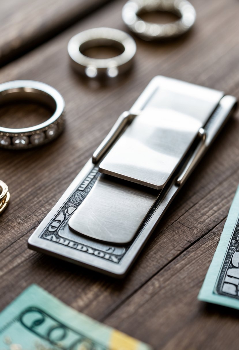 A stylish metal money clip holding banknotes placed on a wooden surface with old wedding rings blurred in the background.