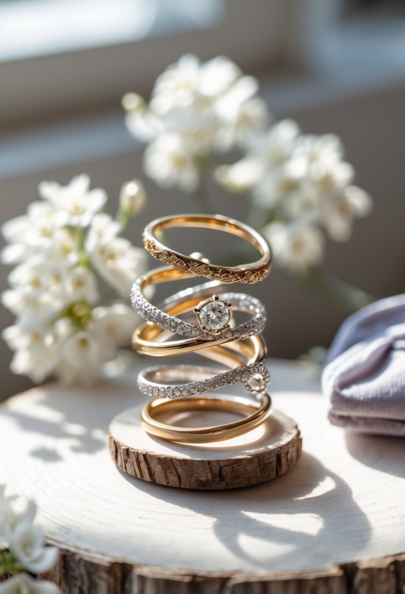 A custom ring holder made from old wedding ring parts displayed on a wooden surface with flowers and a jewelry pouch nearby.