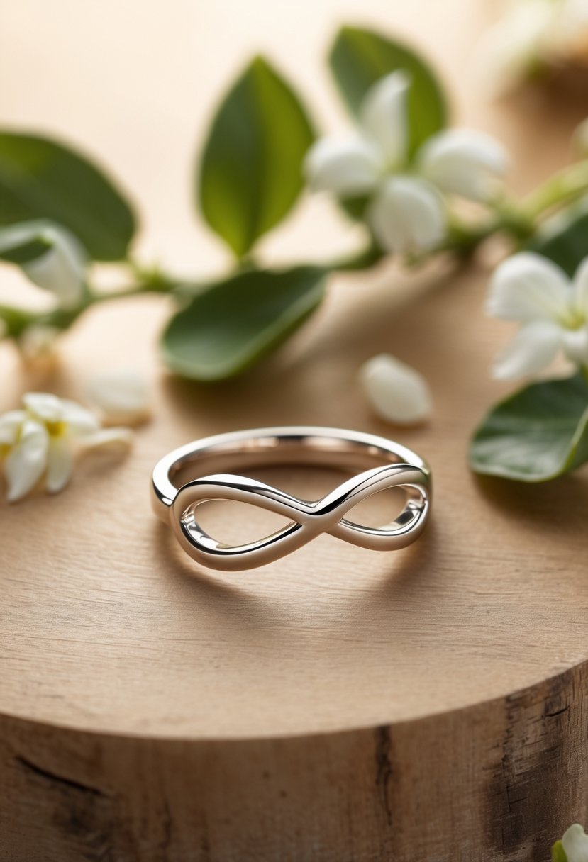 A close-up of a redesigned wedding ring with an open band on a wooden surface, surrounded by green leaves and white flower petals.