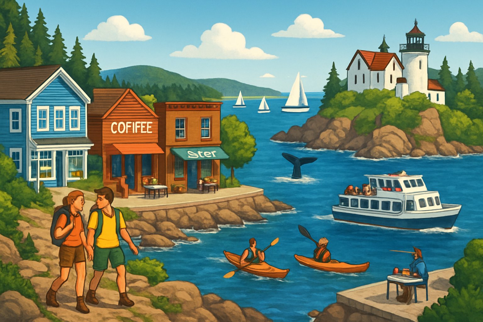 A coastal scene showing rocky shores, a lighthouse, sailboats on the ocean, forested hills, and people hiking and kayaking near a small town.