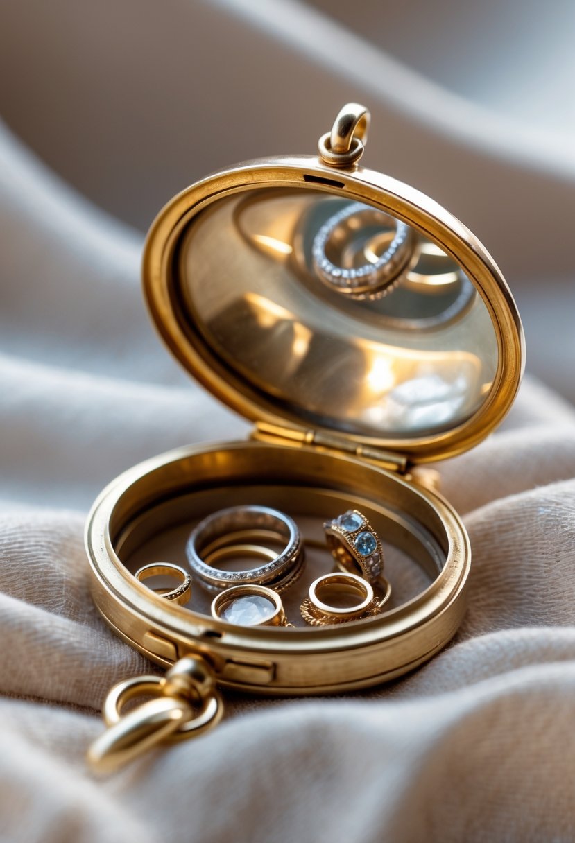 Close-up of an open gold locket containing small pieces from old wedding rings resting on a soft fabric surface.