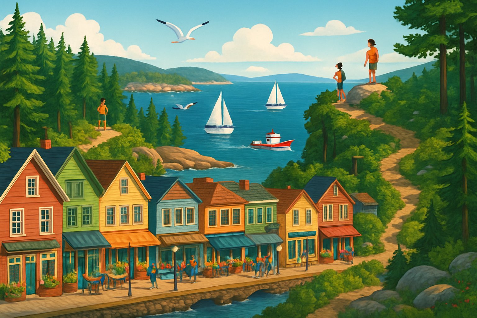 A scenic coastal town with rocky shores, pine trees, sailboats, hiking trails, and people enjoying outdoor activities by the ocean.