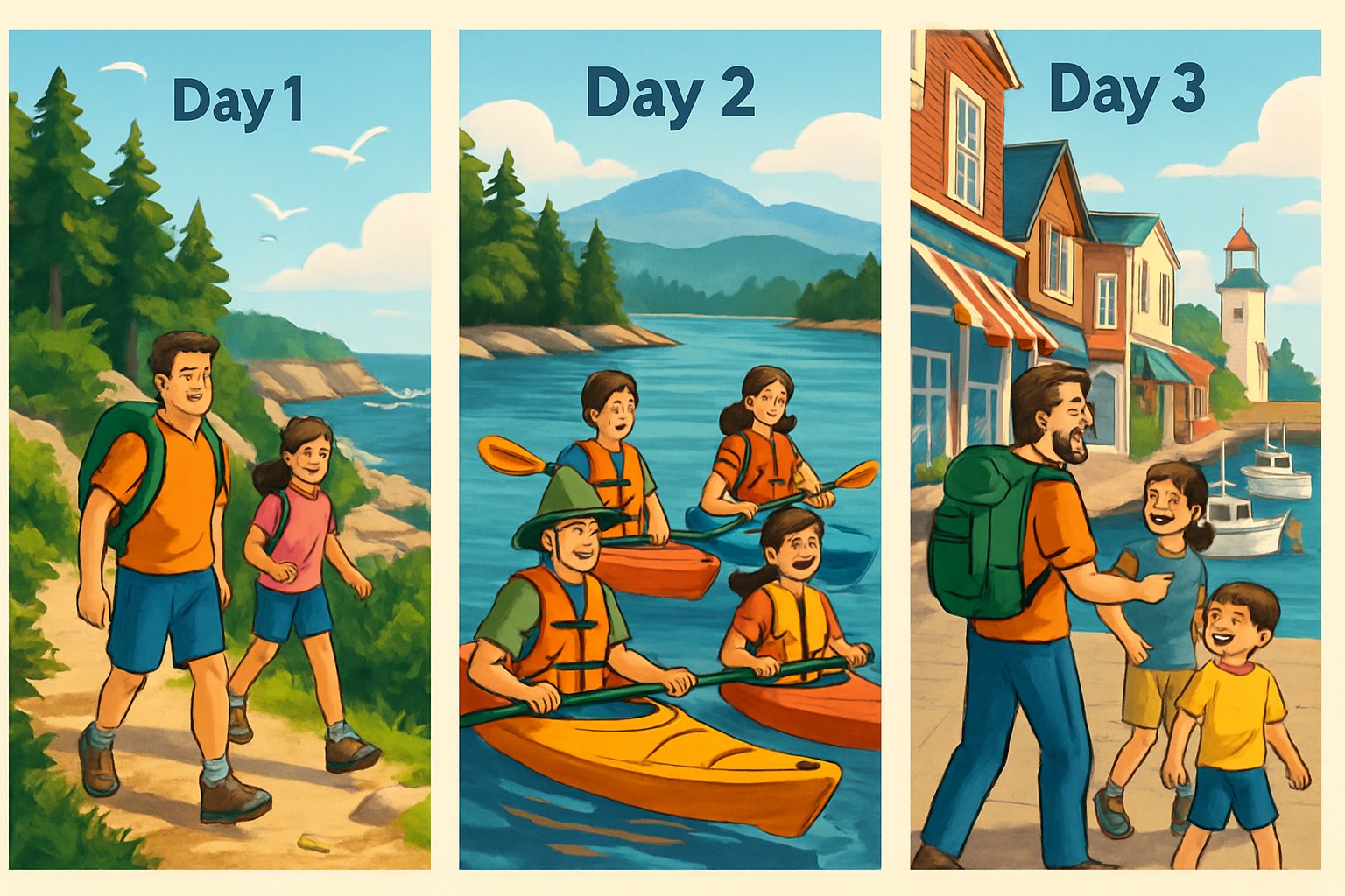 A family of four hiking, kayaking, and exploring a coastal town with a lighthouse and boats in Bar Harbor, Maine.