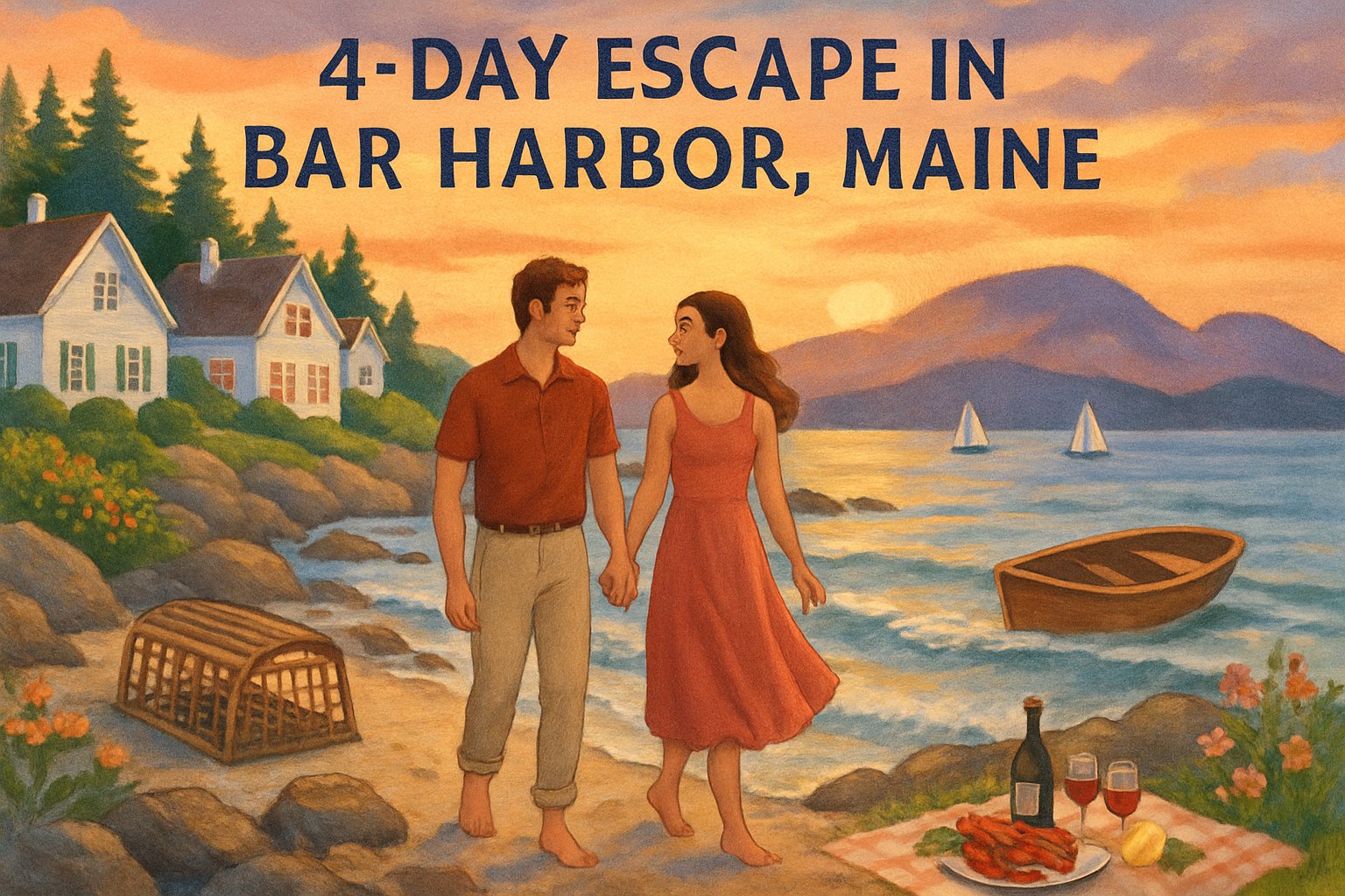 A couple walking hand-in-hand along a rocky shoreline at sunset with cottages, pine trees, mountains, and boats in the background.