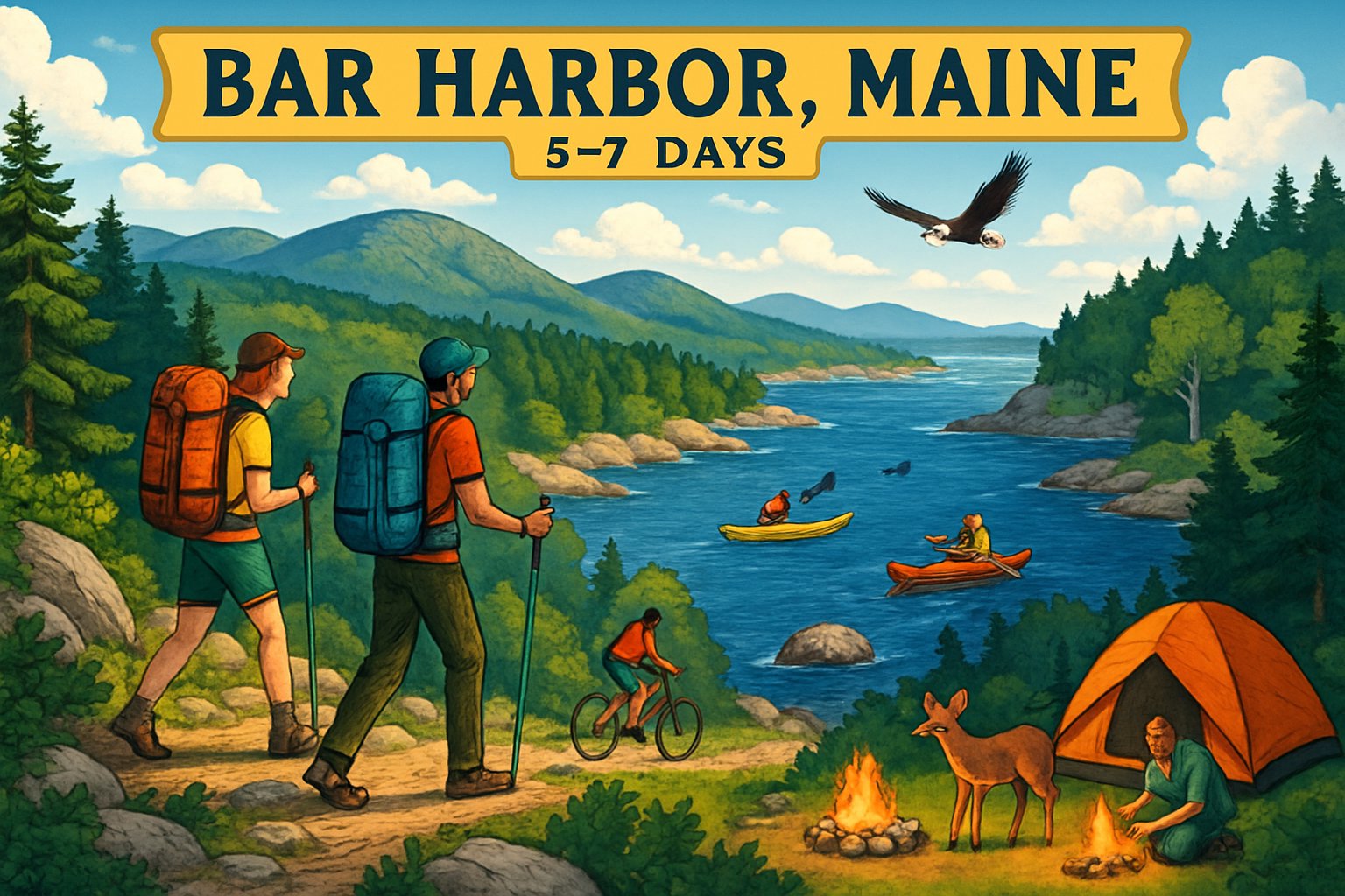 A scenic outdoor scene showing hikers, kayakers, cyclists, and campers enjoying forests, lakes, and rocky coastlines with wildlife in Bar Harbor, Maine.