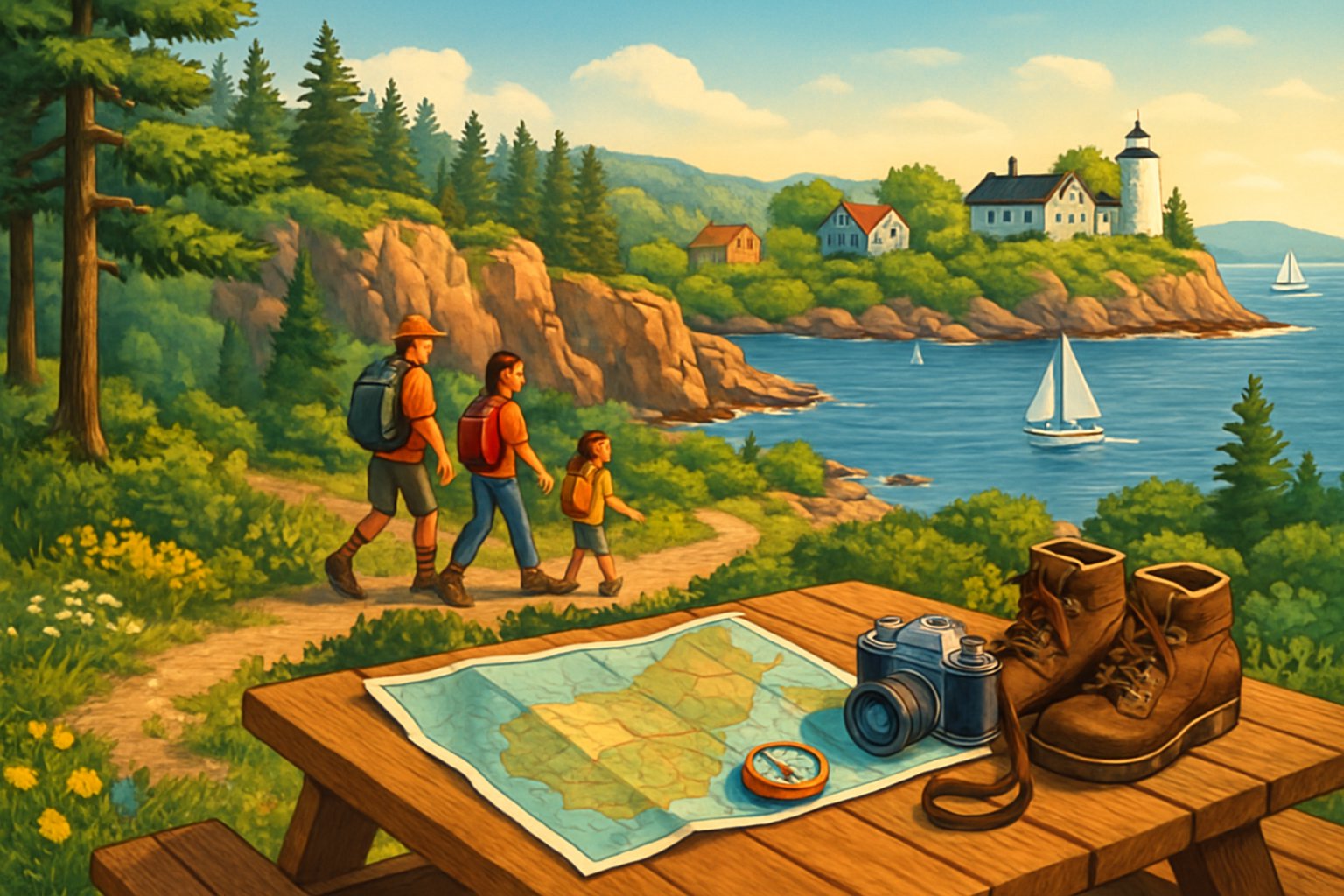 A family exploring a coastal trail near pine trees and rocky cliffs with sailboats on calm water and a lighthouse in the background.