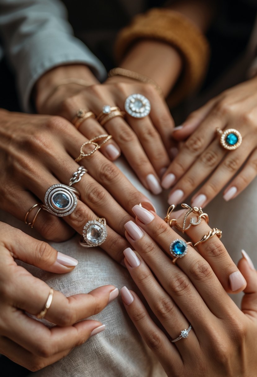 Close-up of hands displaying creatively redesigned old wedding rings turned into unique new jewelry pieces.