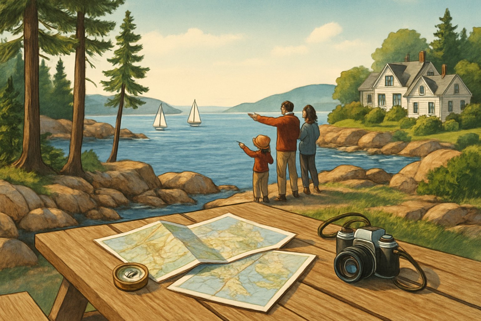A coastal scene in Bar Harbor, Maine, showing rocky shores, pine trees, cottages, a family planning a vacation near a picnic table with maps, and a lighthouse by the ocean.
