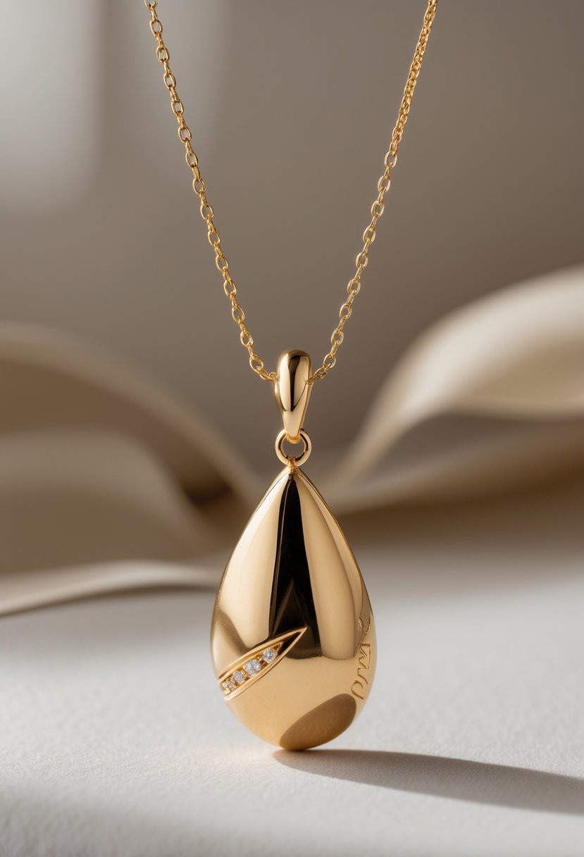 Close-up of a gold necklace pendant made from a transformed wedding ring hanging on a fine chain against a plain background.