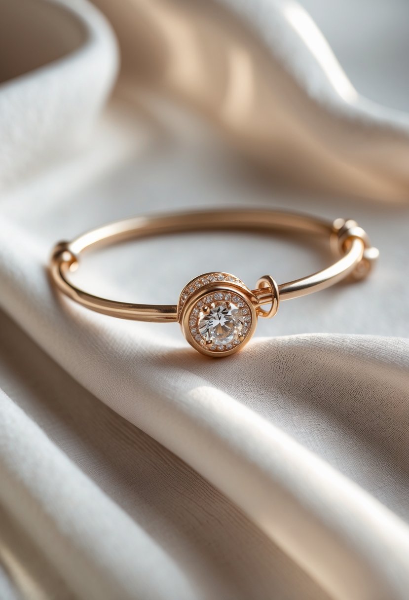 Close-up of a bracelet featuring a charm made from an old wedding ring resting on soft fabric.