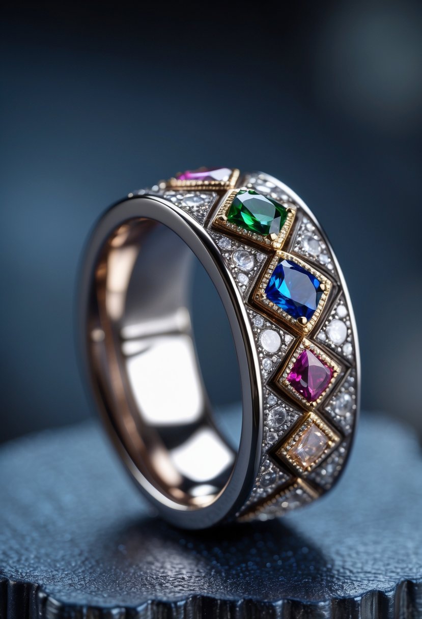 A close-up of a custom men's ring with embedded gemstones on a dark surface.