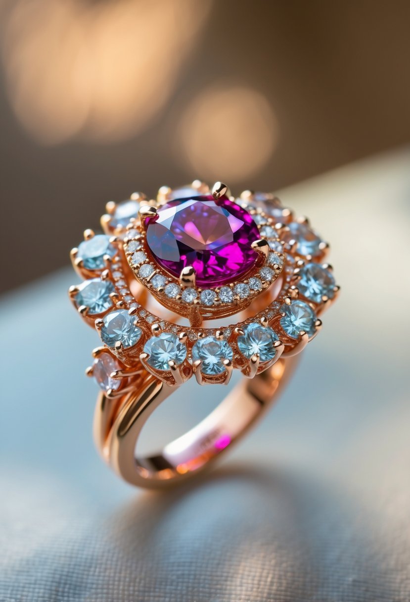 Close-up of a uniquely designed cocktail ring with a large colorful gemstone and smaller stones on a polished metal band.