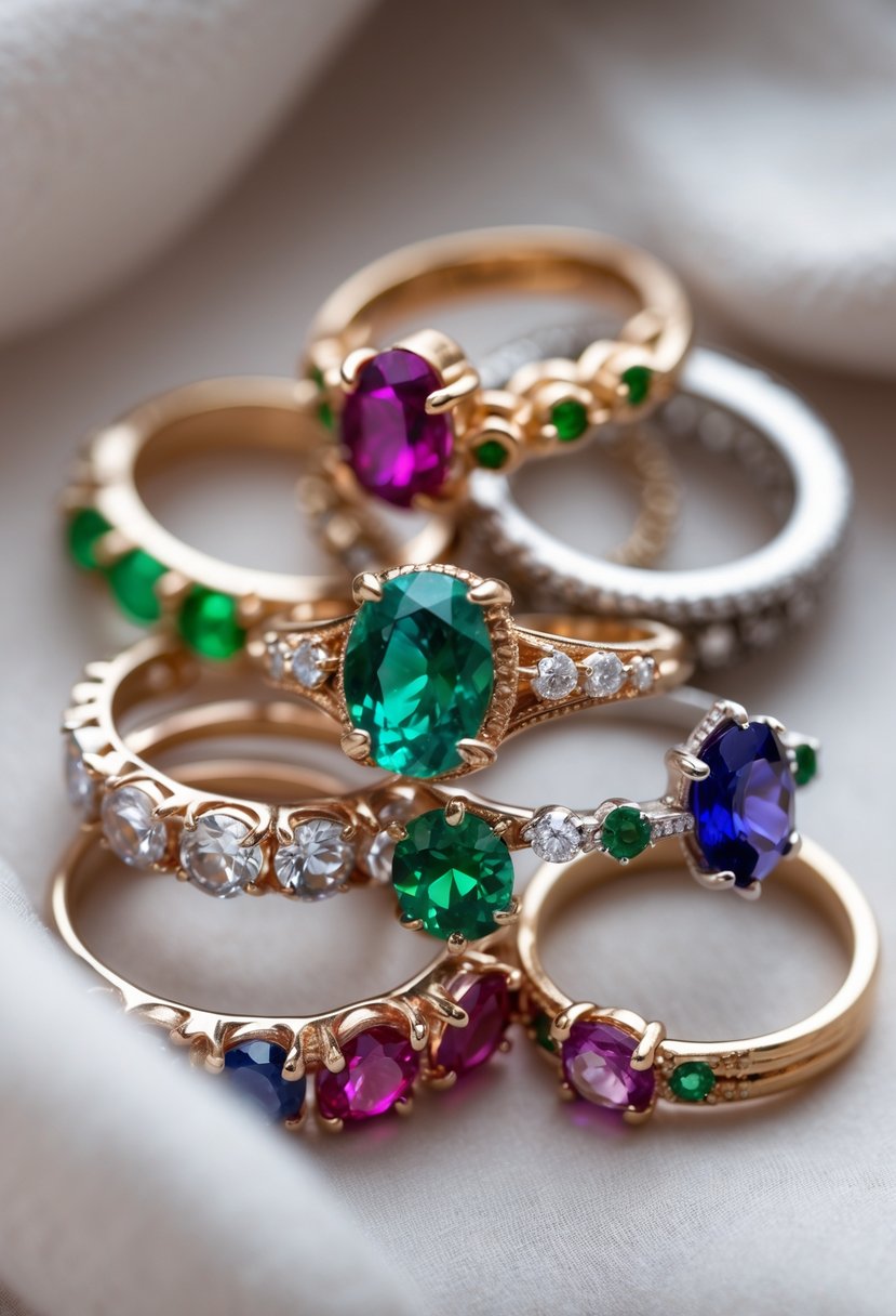 Close-up of old wedding rings decorated with colorful gemstones on a neutral background.