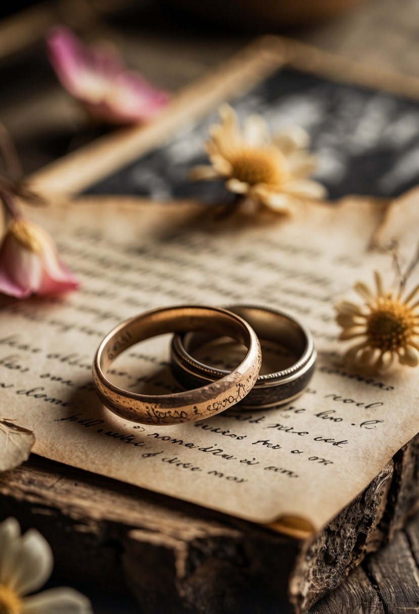 Two old wedding rings resting on a wooden surface surrounded by dried flower petals, a faded love letter, and a vintage photograph.