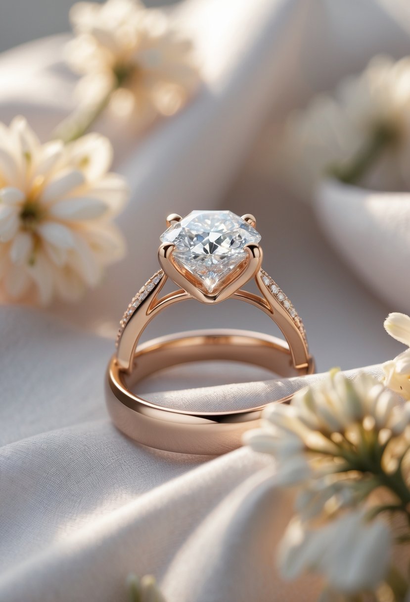 Close-up of a wedding ring with a sparkling diamond center stone resting on a soft background.