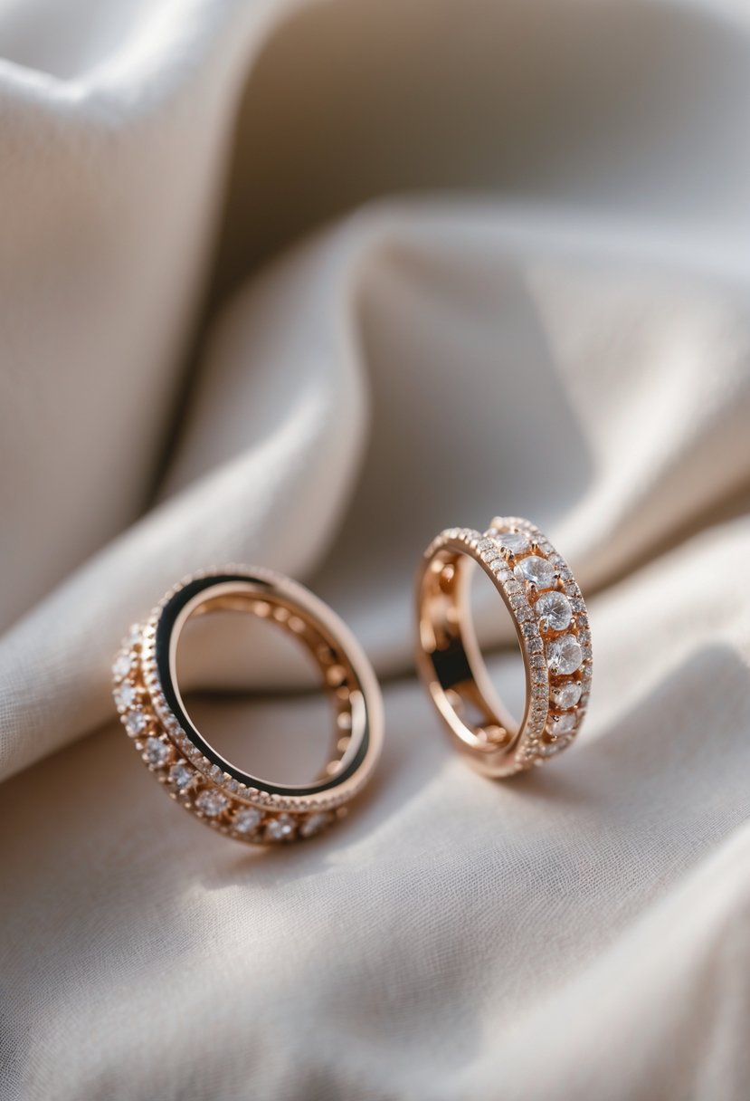 A pair of delicate earrings made from transformed old wedding rings resting on soft fabric.