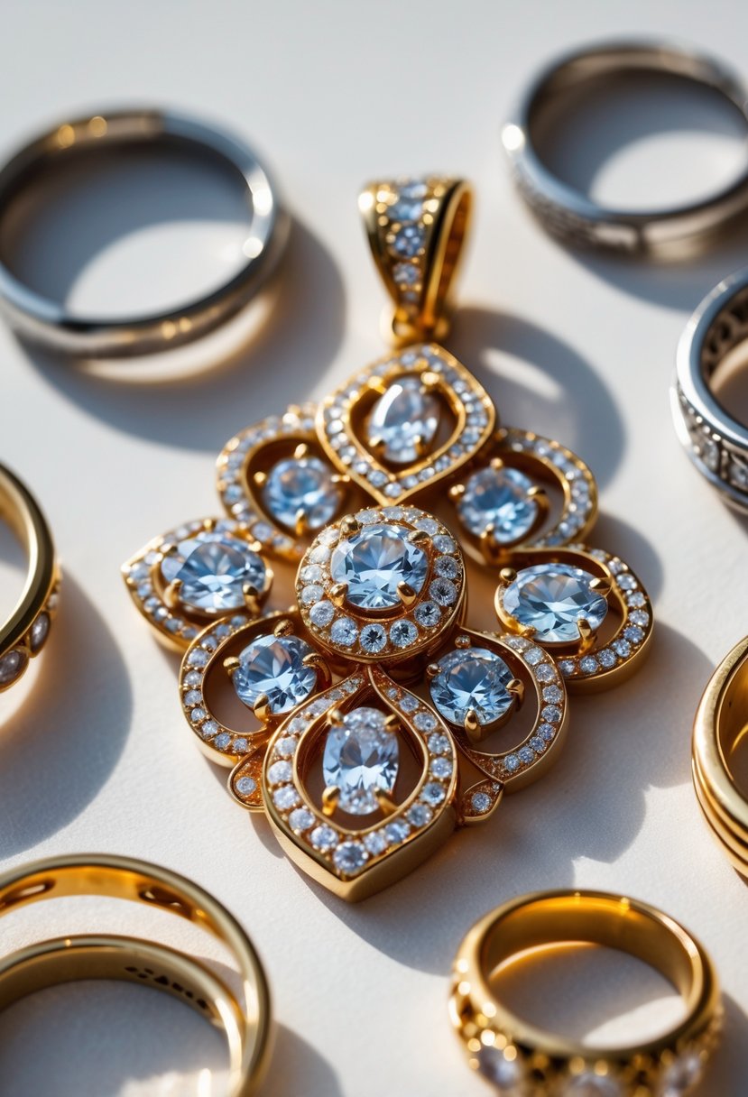 Close-up of a unique pendant made from stones reset from old wedding rings placed nearby on a neutral surface.