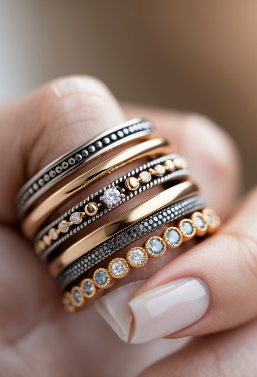 Close-up of a hand wearing a set of layered stackable rings made from old wedding rings.