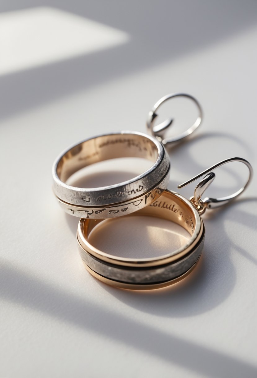 A pair of earrings made from old wedding rings displayed on a white background.