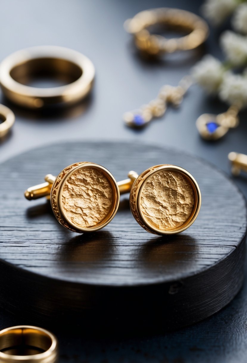 A pair of gold cufflinks made from repurposed wedding bands displayed on a wooden surface with jewelry tools nearby.