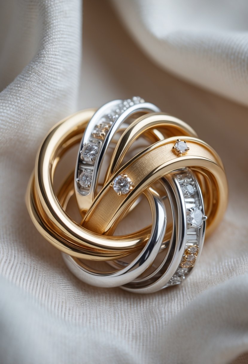 Close-up of a custom brooch made from intertwined gold and silver rings with small gemstones, displayed on a soft fabric background.