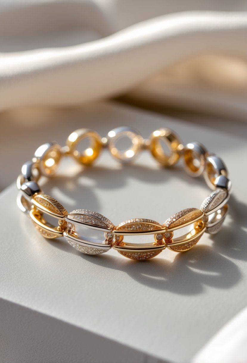 A close-up of a bracelet made by linking multiple wedding rings together, displayed on a neutral surface.