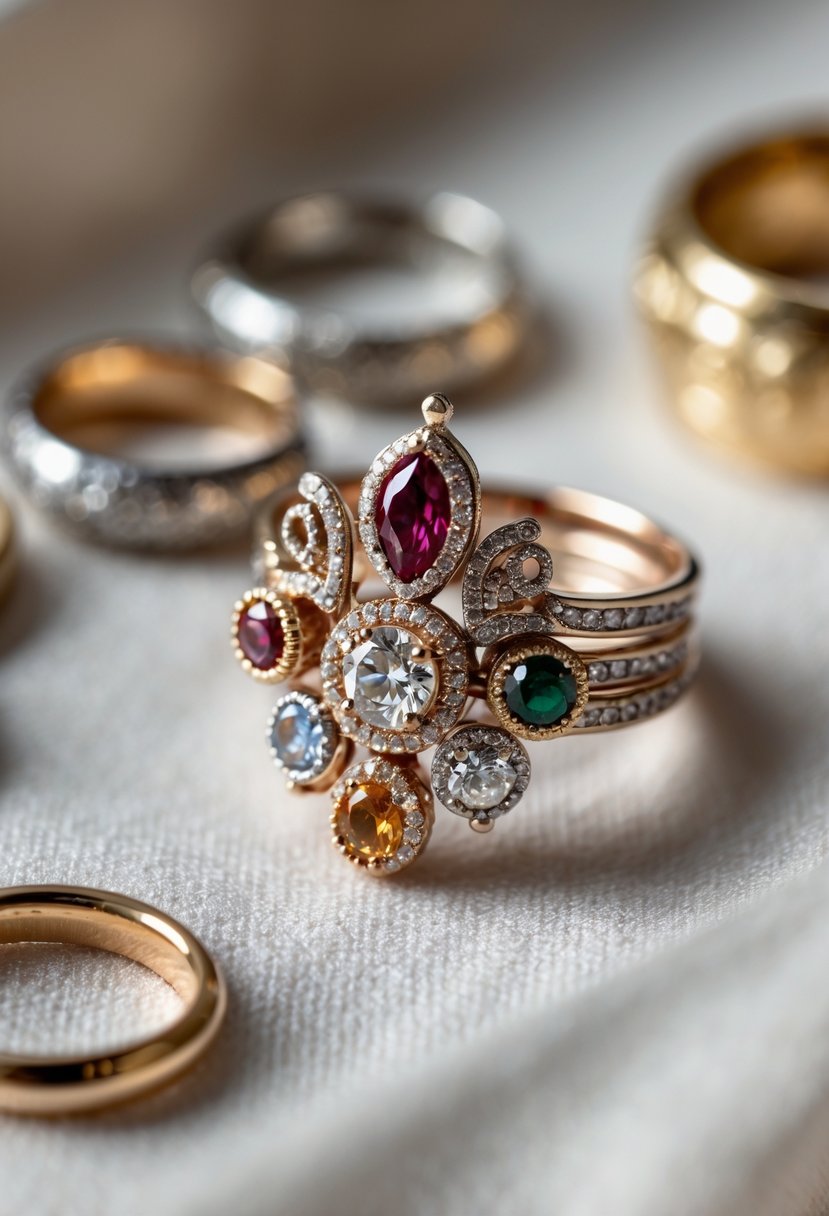 Close-up of a combined heirloom ring made from multiple old wedding rings displayed on soft fabric with vintage rings blurred in the background.