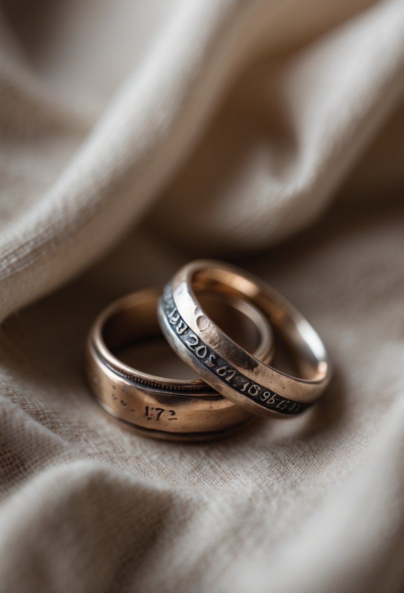 Close-up of two old wedding rings resting on fabric with an engraved date visible inside one ring.
