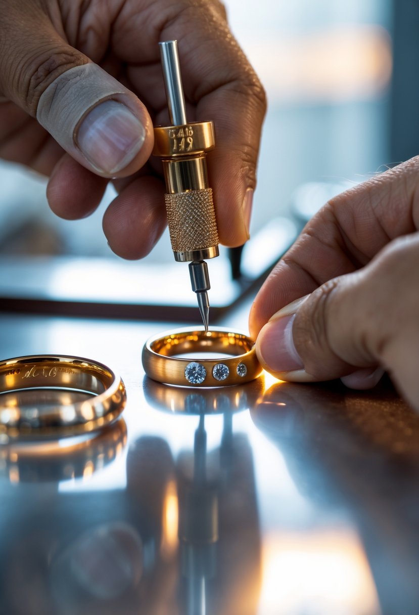 Close-up of hands engraving a date on a newly crafted jewelry piece made from old wedding rings.